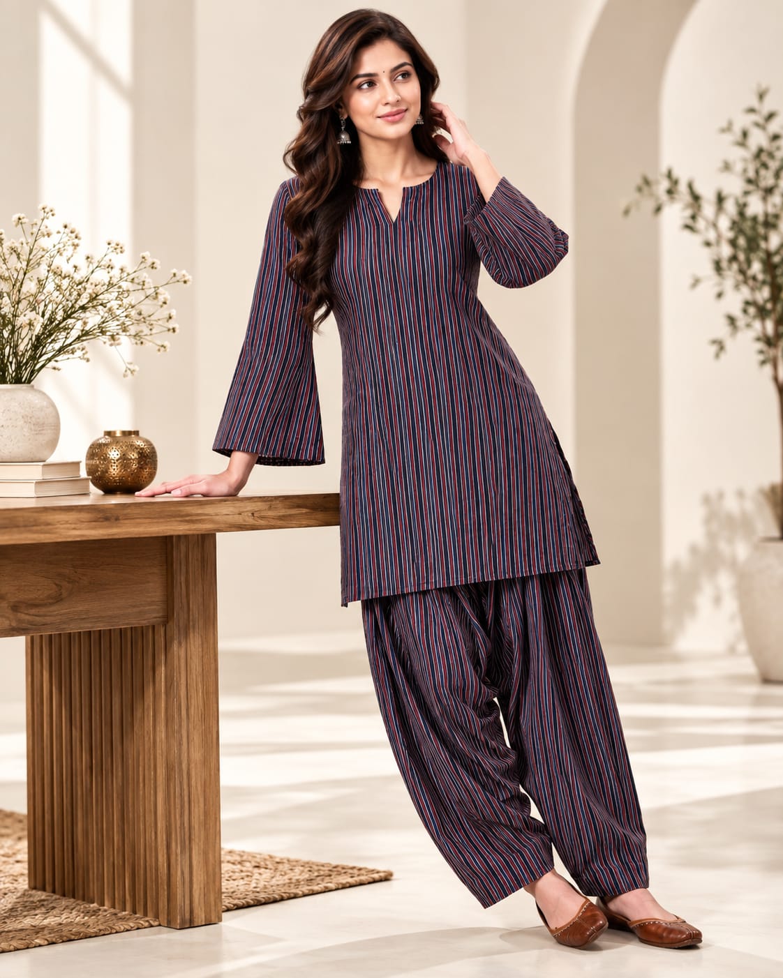Navy Blue & Red Striped Cotton Stitched Farsi Salwar Suit