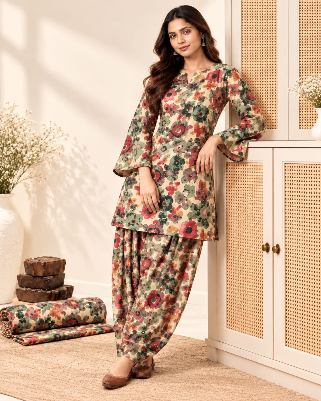 Beige Multi Floral Cotton Stitched Farsi Salwar Suit