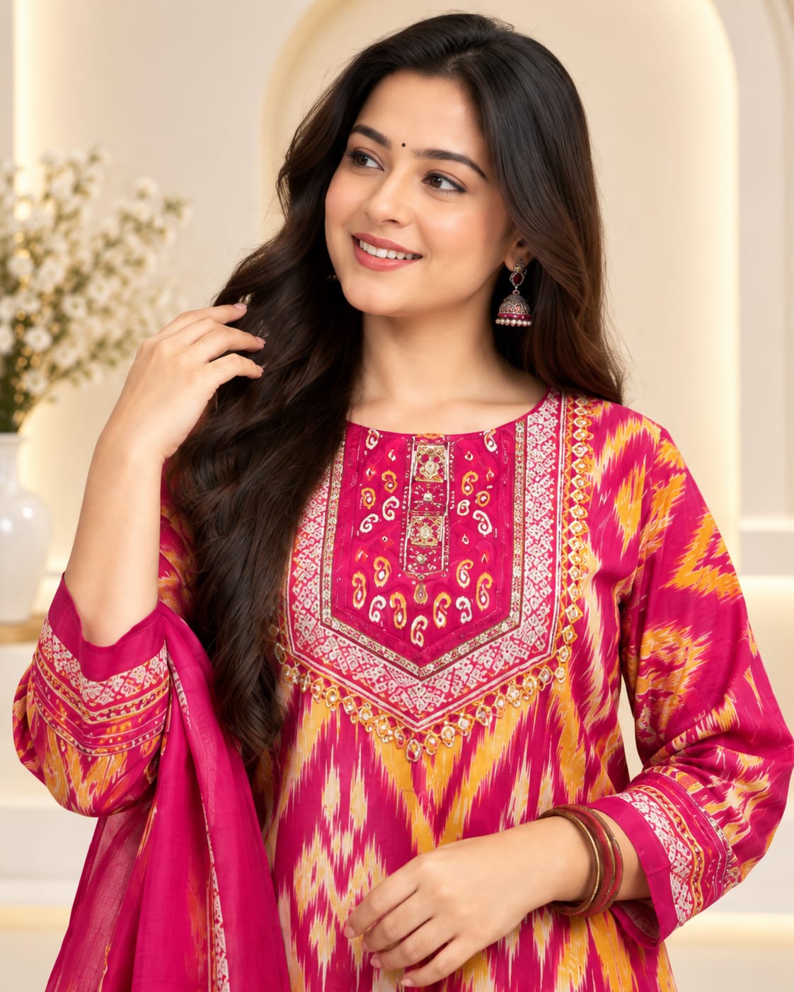 Magenta Pink Kanchi Cotton Printed Suit Set with Jacquard Dupatta - View 3