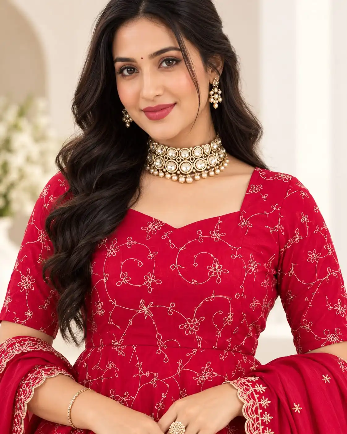 Red Peplum Top Lehenga Set with Embroidered Dupatta - View 2