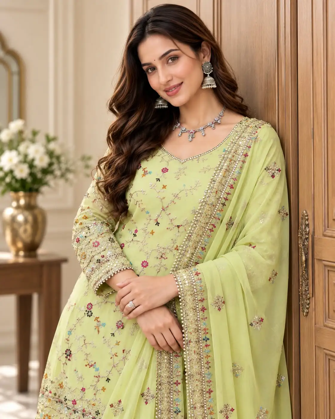 Mint Green Faux Georgette Embroidered Sharara Suit Set - View 2