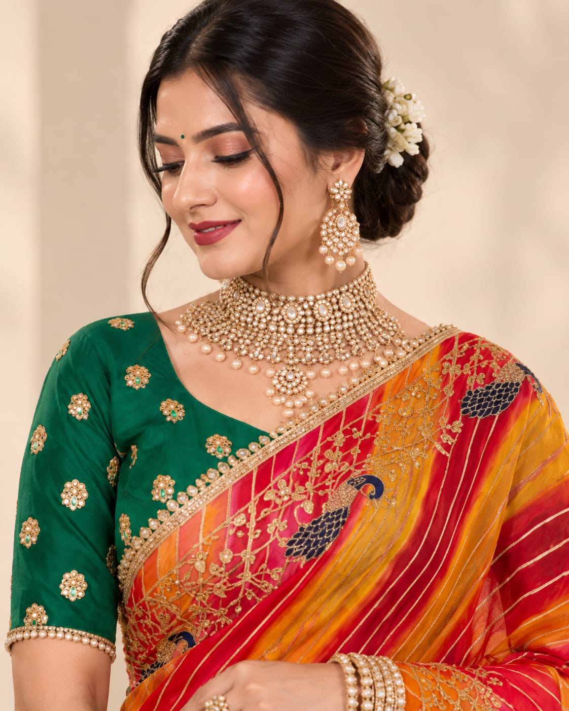 Red & Orange Leheriya Georgette Saree with Peacock Motifs | No Blouse - View 2