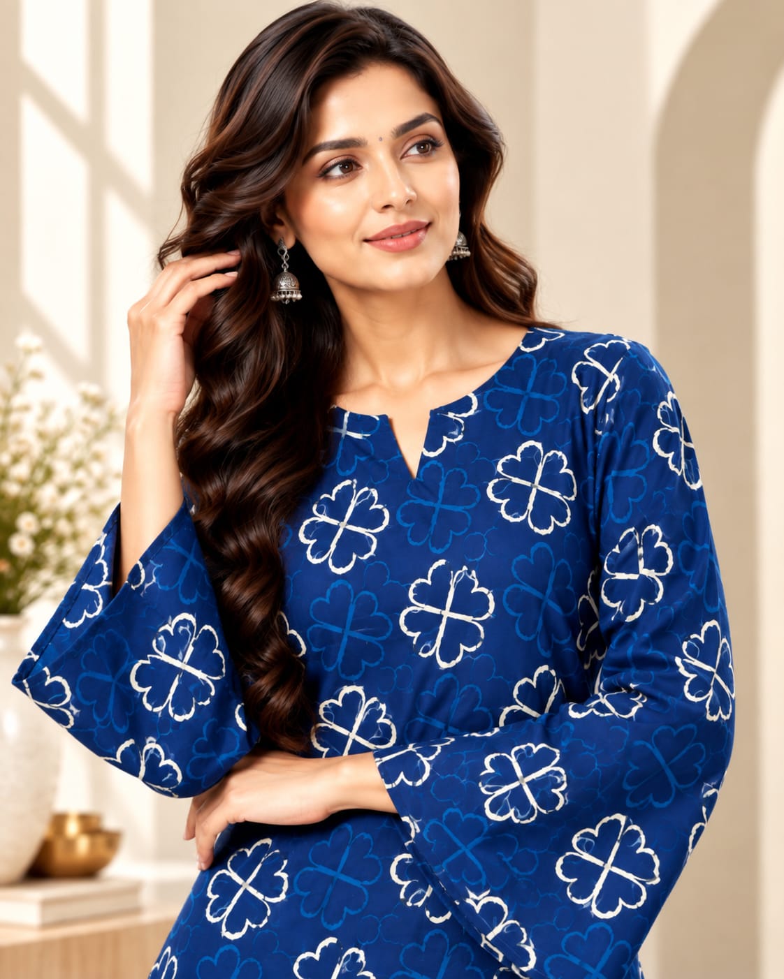 Royal Blue Clover Print Cotton Stitched Farsi Salwar Suit - View 2