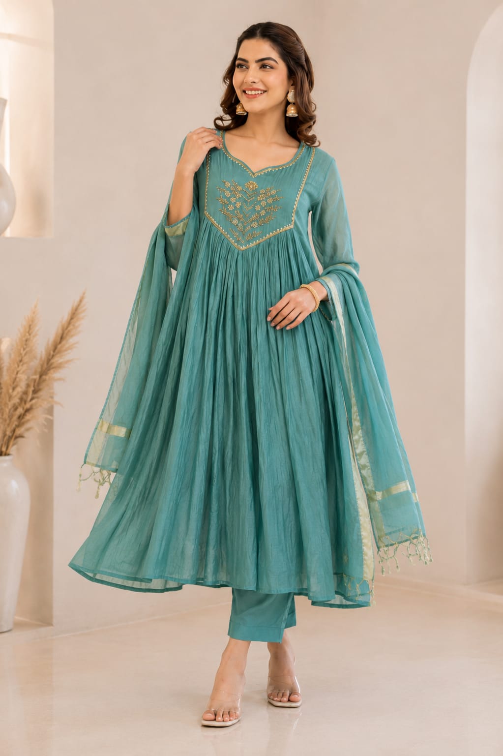 Designer Anarkali Suit Set with Chanderi Dupatta.
