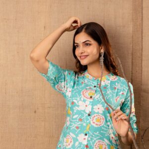 Aqua Floral Printed Front-Button Kurti