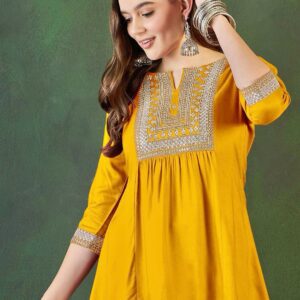 Embroidered Wine A-Line Kurti Top for Women - Yellow