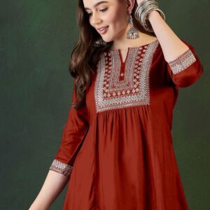 Embroidered Wine A-Line Kurti Top for Women - Rust