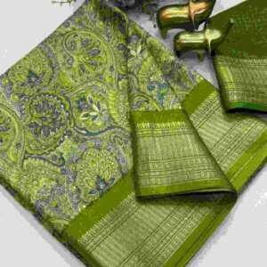 Georgette Allen Checks Saree with Jacquard Border & Blouse (Olive Green)