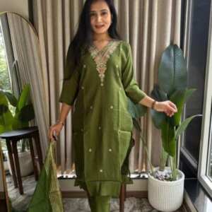 PURE HEAVY ROMAN SILK KURTI PANT SETS - Green, XXL