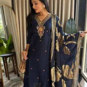 PURE HEAVY ROMAN SILK KURTI PANT SETS - Blue, XXL