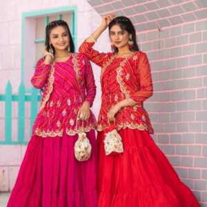 karwachauth  special Bandhej Lehenga crop top & jacket - Pink, M