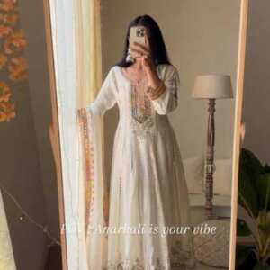 New Designer Party Wear Heavy Georgette Gown With Dupatta - White, XL
