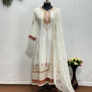 New Designer Party Wear Heavy Georgette Gown With Dupatta - White, 3xl