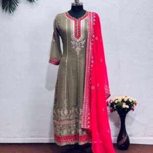 New Designer Party Wear Heavy Georgette Gown With Dupatta - Grey, XL